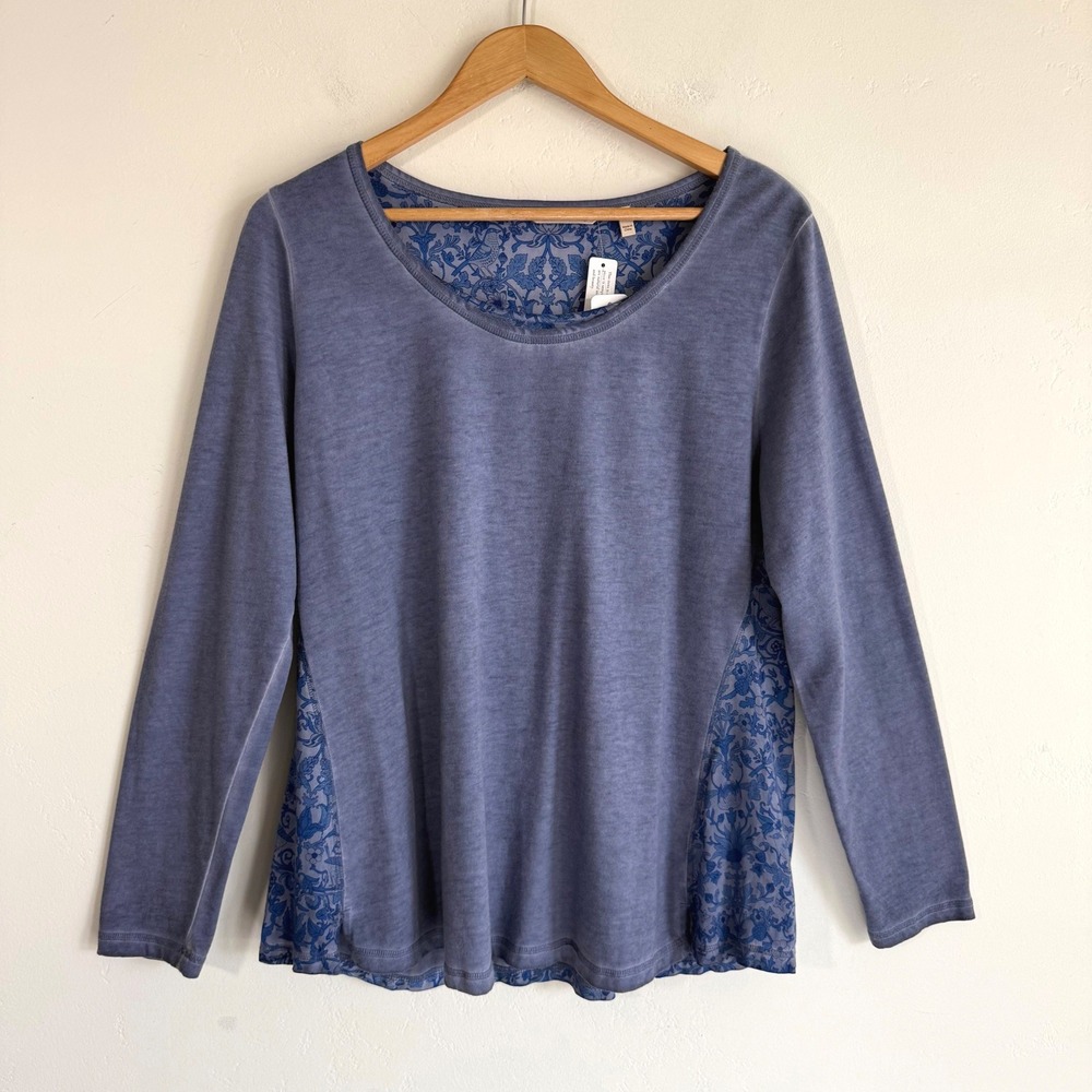 NWT Soft Surroundings Luna Top L Blue Floral Bird Chinoiserie Mixed Media Boho